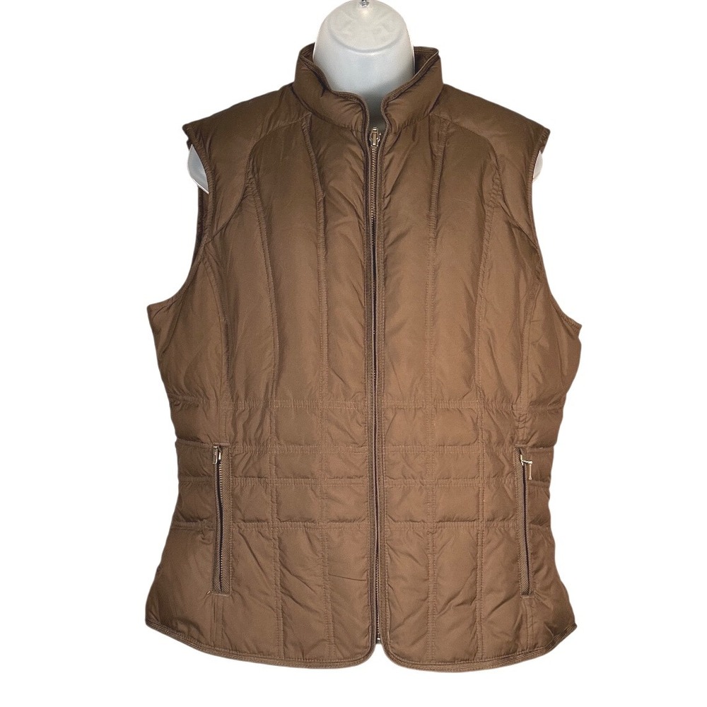 Eddie Bauer Down Vest Womens Sz Large Brown Quilted Full Zip Puffer Mock Neck